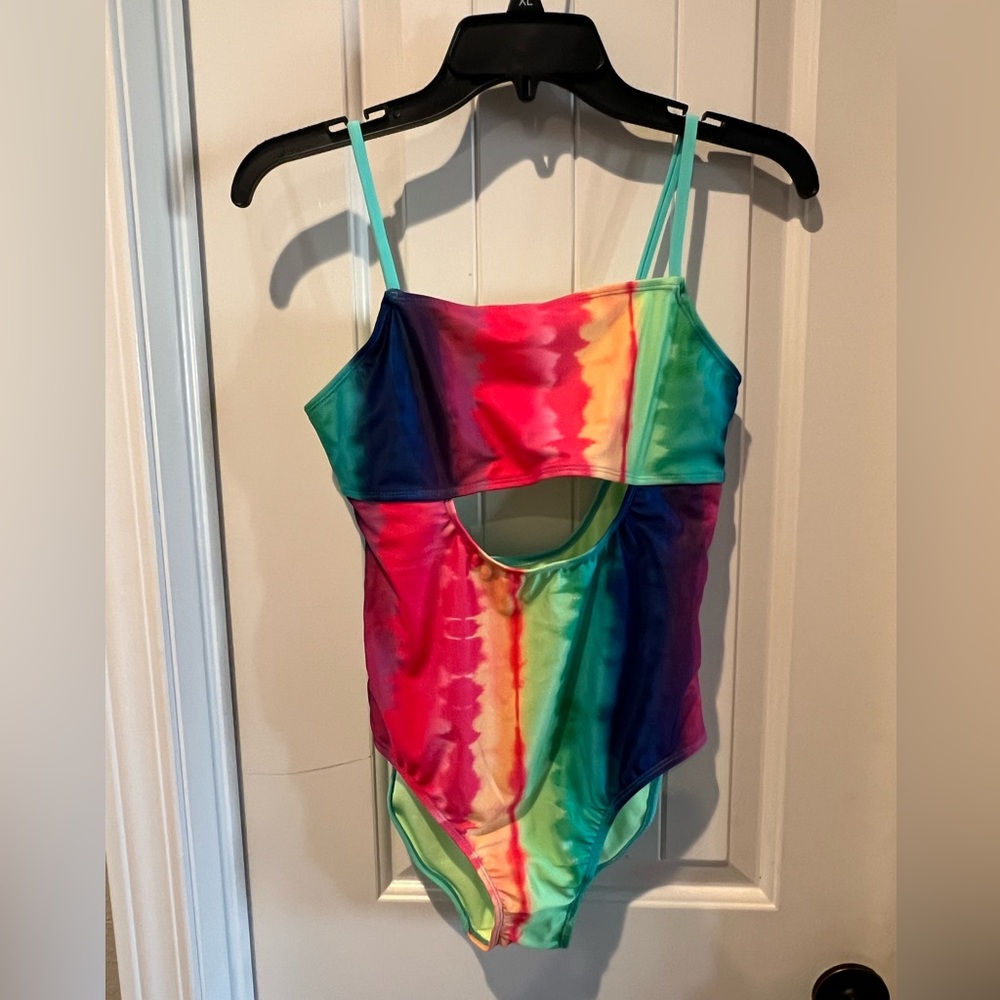 NWOT Roatan rainbow colors pink, orange, blue, green Tie-Dye Swimsuit girl’s XL